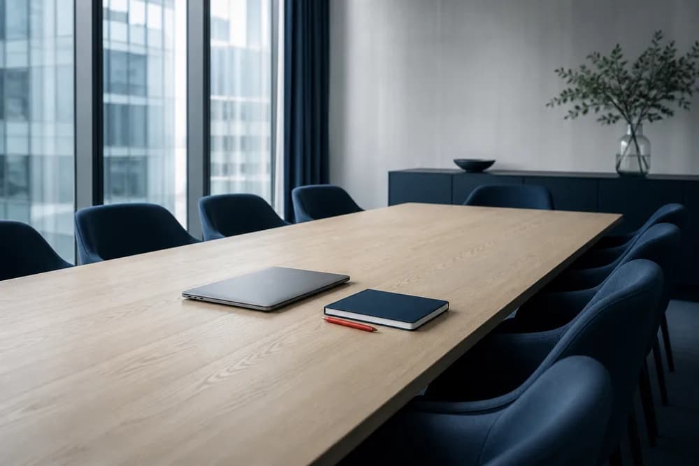 An empty boardroom table with a closed laptop, a notebook and a pen