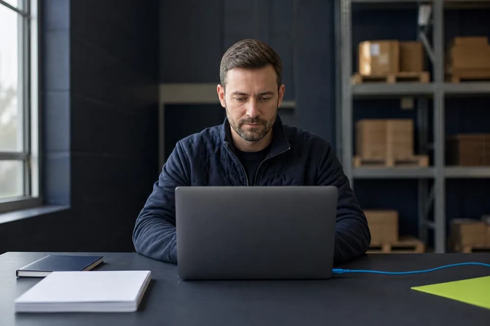 An operations lead at a laptop in a navy warehouse office, with a lime folder and a blue cable