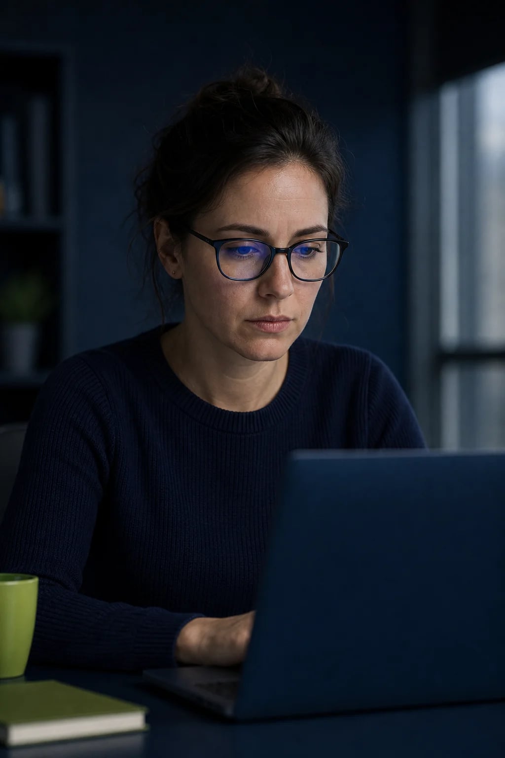 A woman with glasses focused on a navy laptop, blue light in the lenses and a lime mug beside her