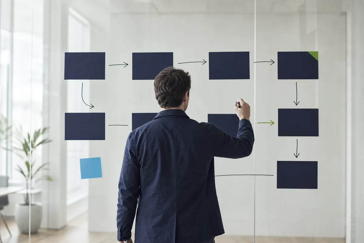 A consultant in a navy jacket drawing arrows between blank cards on a glass wall